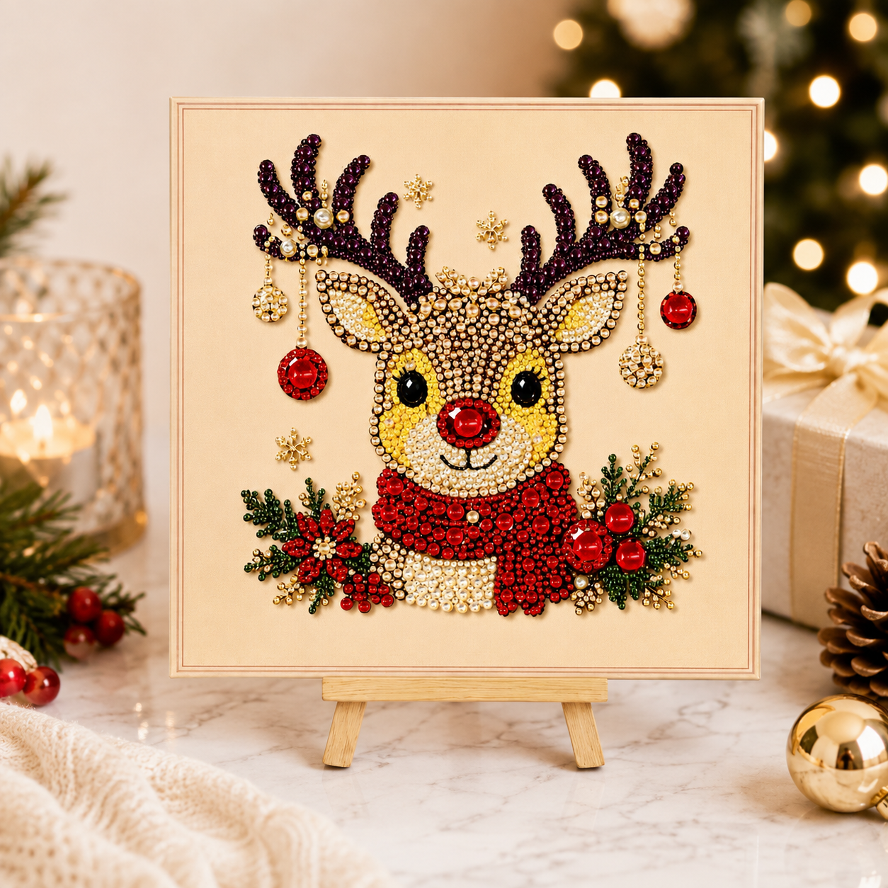 Reindeer bead art kit in a golden frame