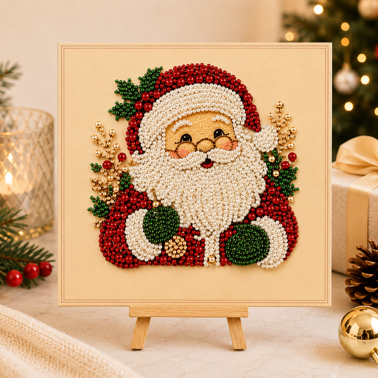 Santa bead art kit in a golden frame