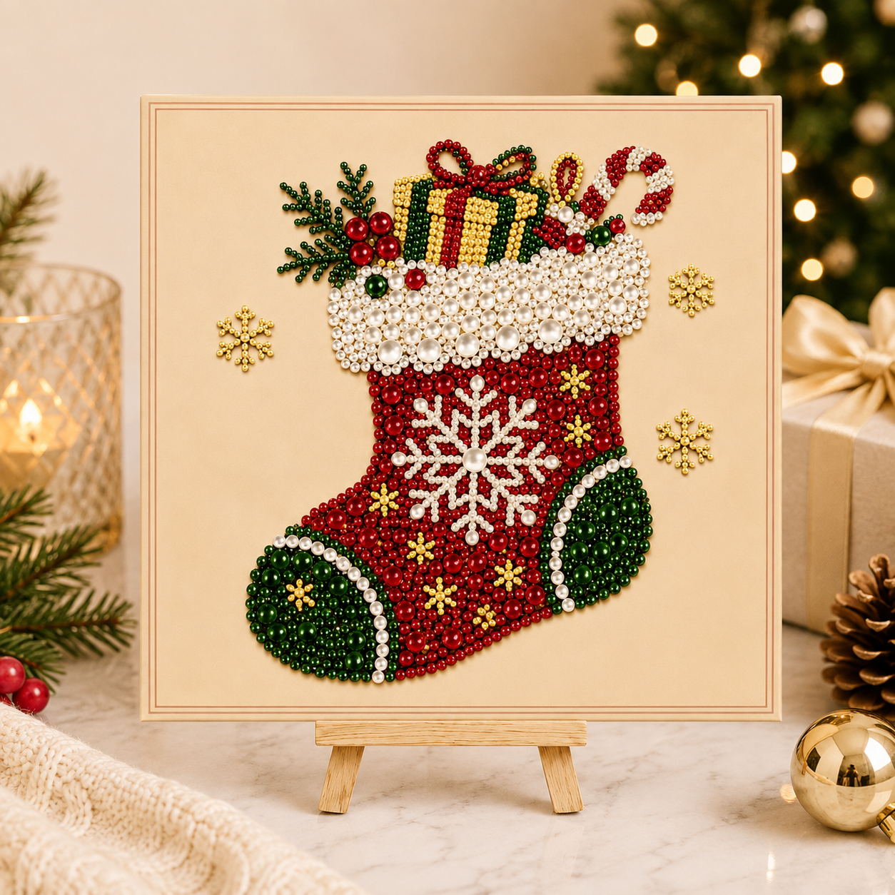 Christmas stocking bead art kit in a golden frame