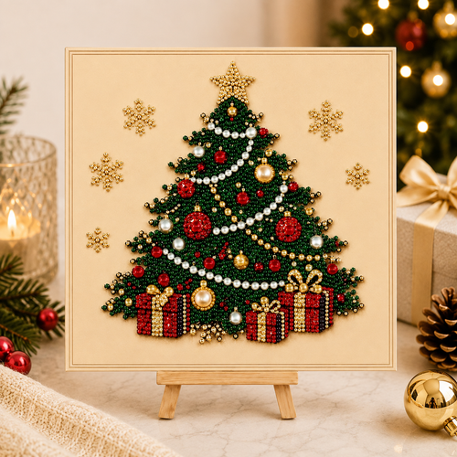 Christmas tree bead art kit in a golden frame